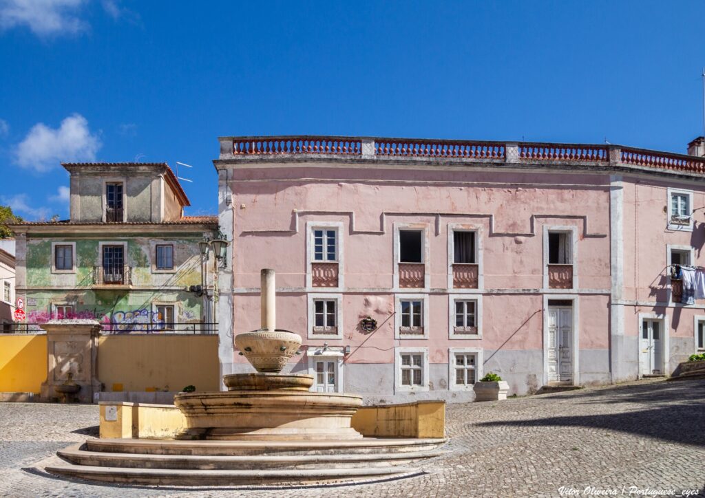 Town square with fountain in Caldas da Rainha, Portugal