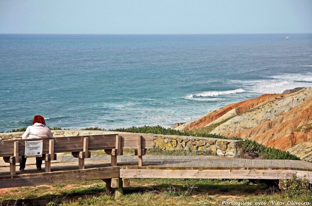 Wooden boardwalk above the coast at Foz do Arelho, Portugal